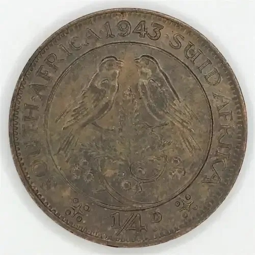 1943 SA Union Farthing - AU+ cracked die through forehead of George