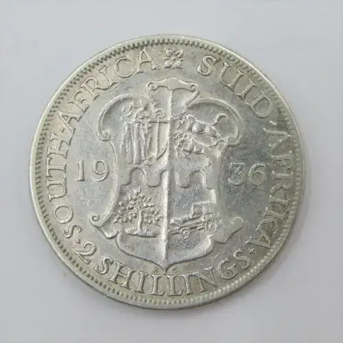 1936 SA Union 2 Shilling Half- six diamonds visible on crown - VF