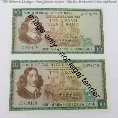 Pair of TW de Jongh 3rd issue R10 notes - Consecutive - UNC - C331 # 978178 - 978179
