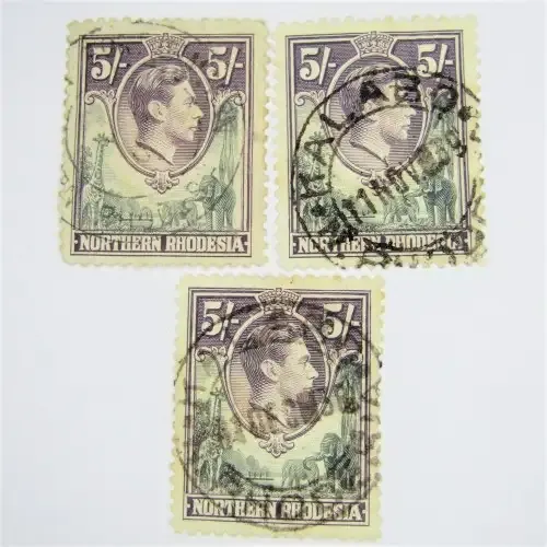 Lot of 3 Northern Rhodesia 1938 Definitive issue SACC 43 used 5 shilling stamps