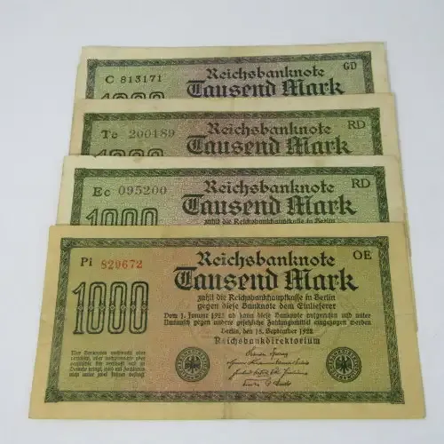 Lot of 4 different types of 1000 Mark Reichs bank notes - different colors