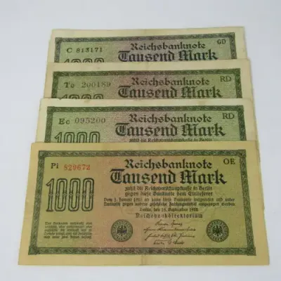Lot of 4 different types of 1000 Mark Reichs bank notes - different colors
