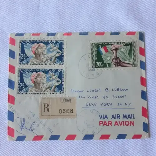 Airmail cover from Lome to New York, USA with 2x25f and 200f stamps - Dated 12 April 1958