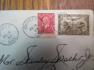 Canada Airmail First Official flight Bisset to Great Falls - 2 Canada stamps cancelled Bisset