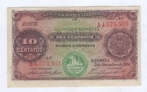 Lourenco Marques 10 centavos banknote - Excellent with center fold