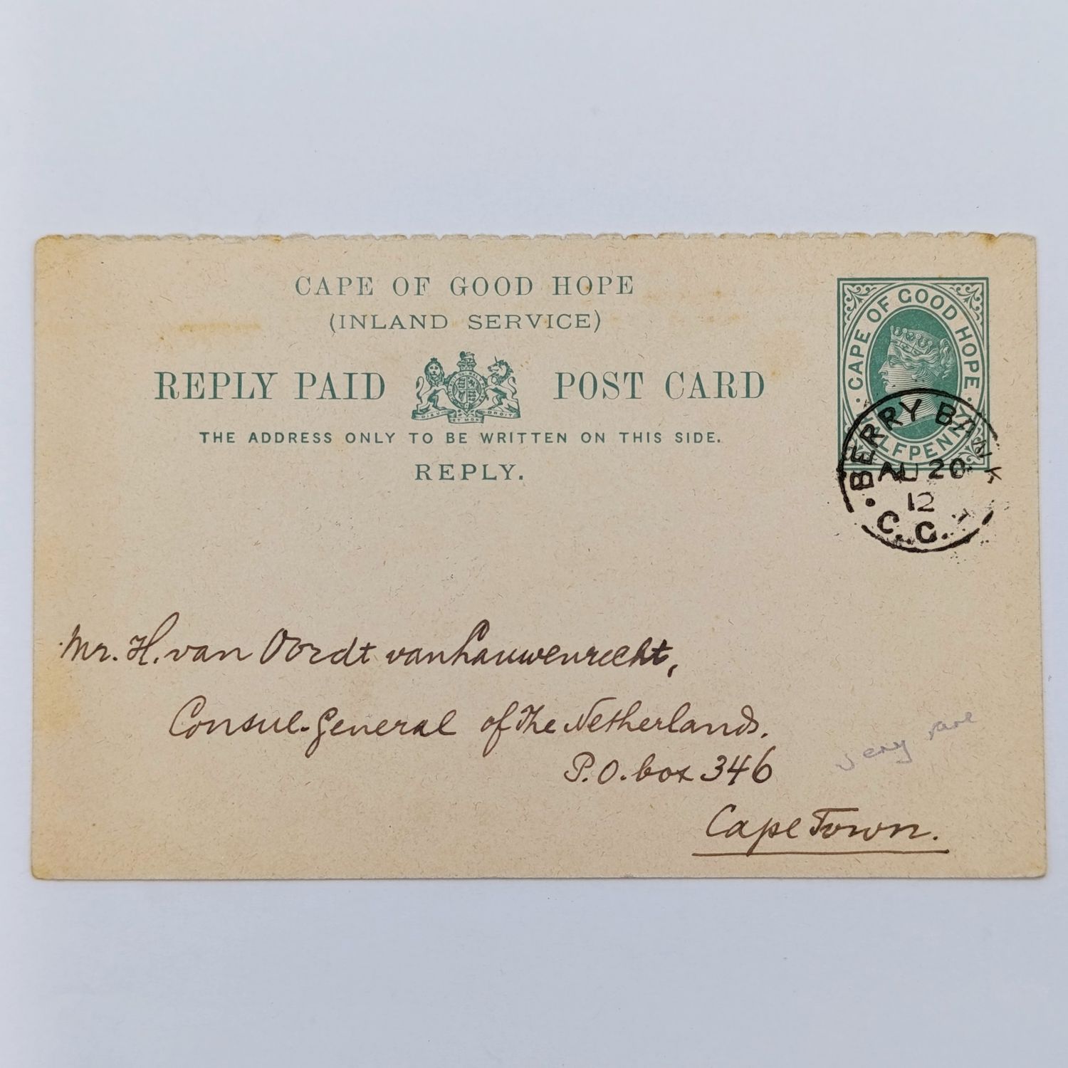 1912 Cape of Good Hope Reply paid card BERRY BANK Cape of Good Hope Cancel - very rare