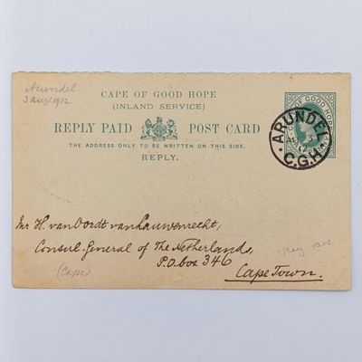 1912 Cape of Good Hope prepaid reply card posted ARUNDEL to Cape Town - very rare