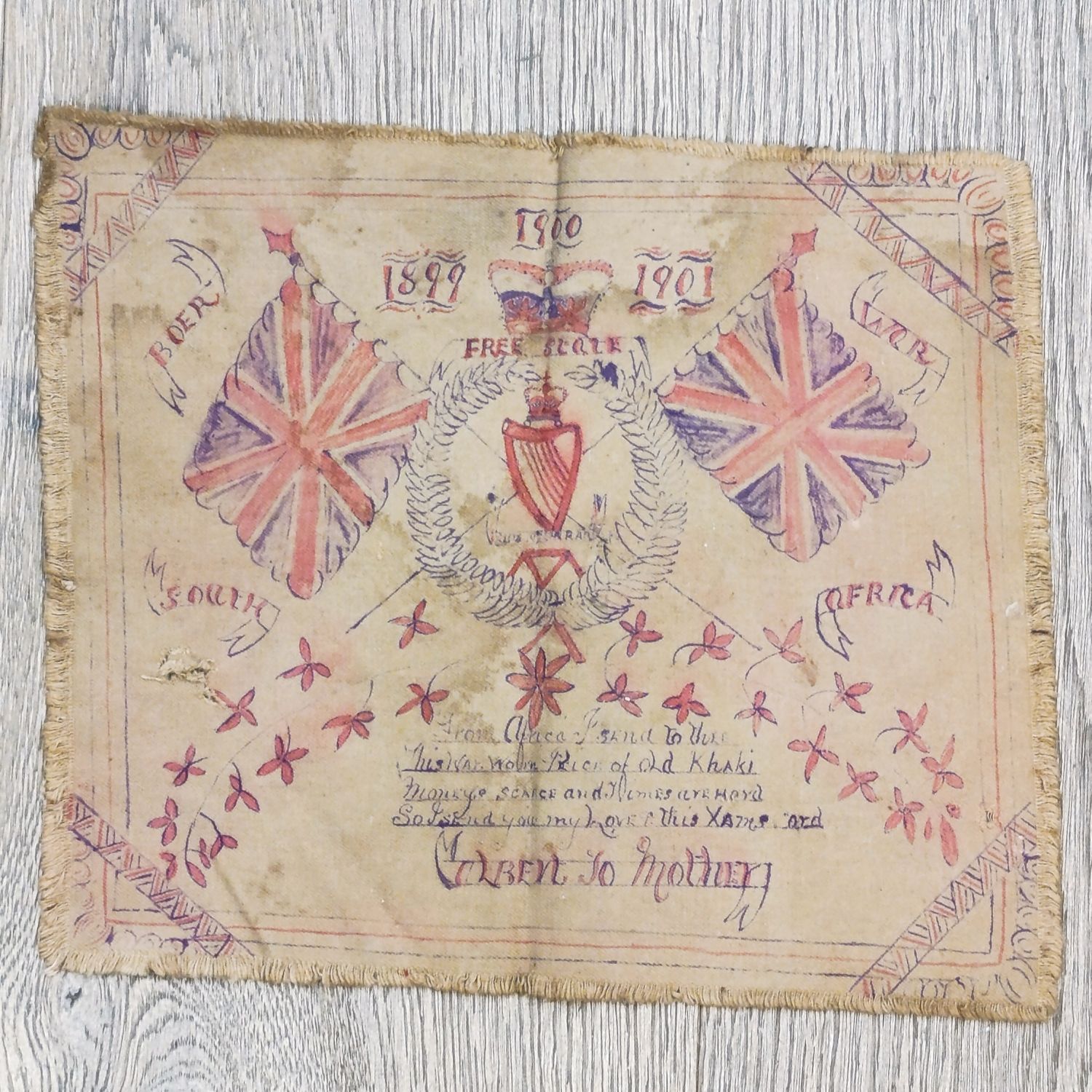 Boer War Soldiers khaki cloth xmas message - Irish regiment - From Albert to his mother