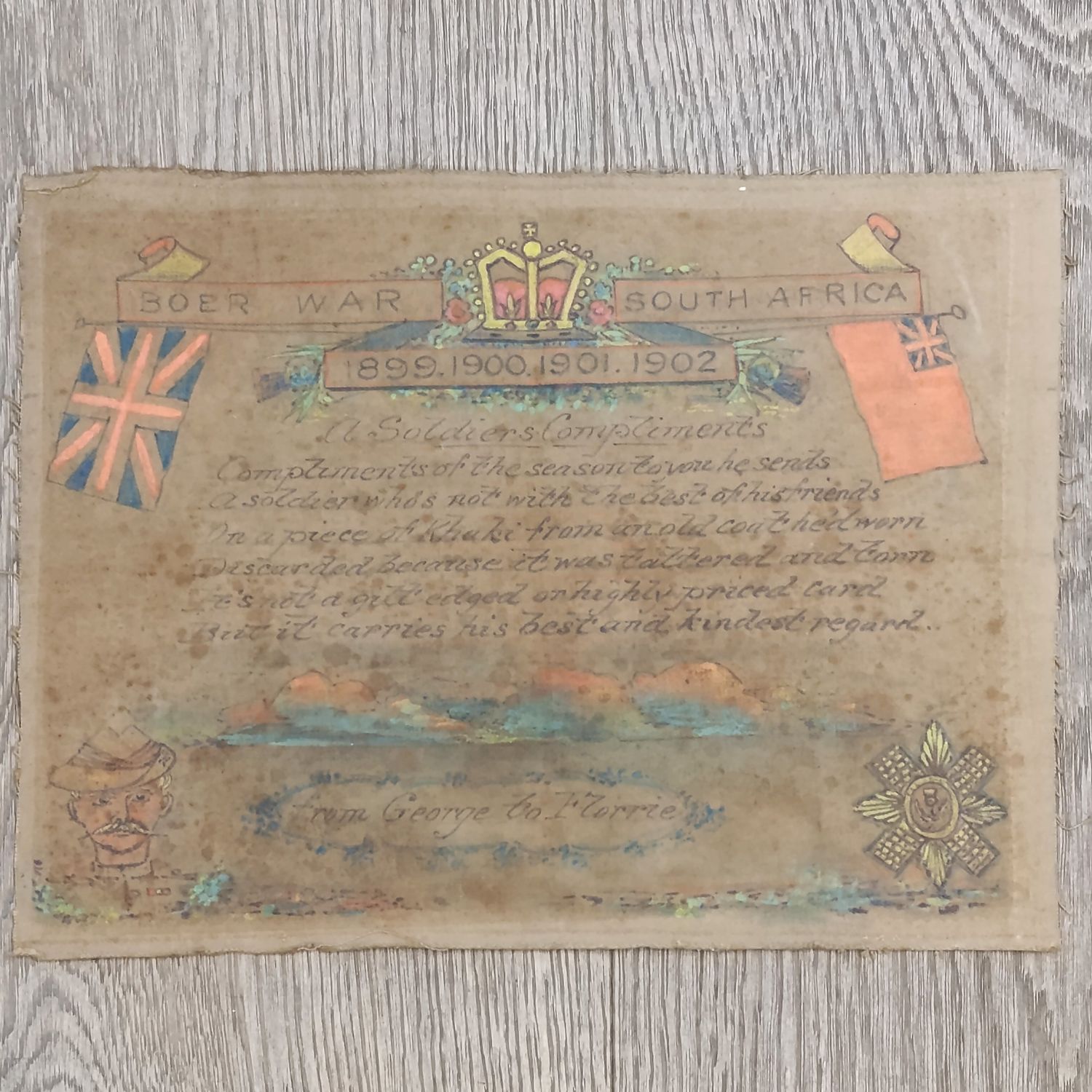 Boer War Soldiers khaki cloth greetings message - Scots Guard - From George to Florrie
