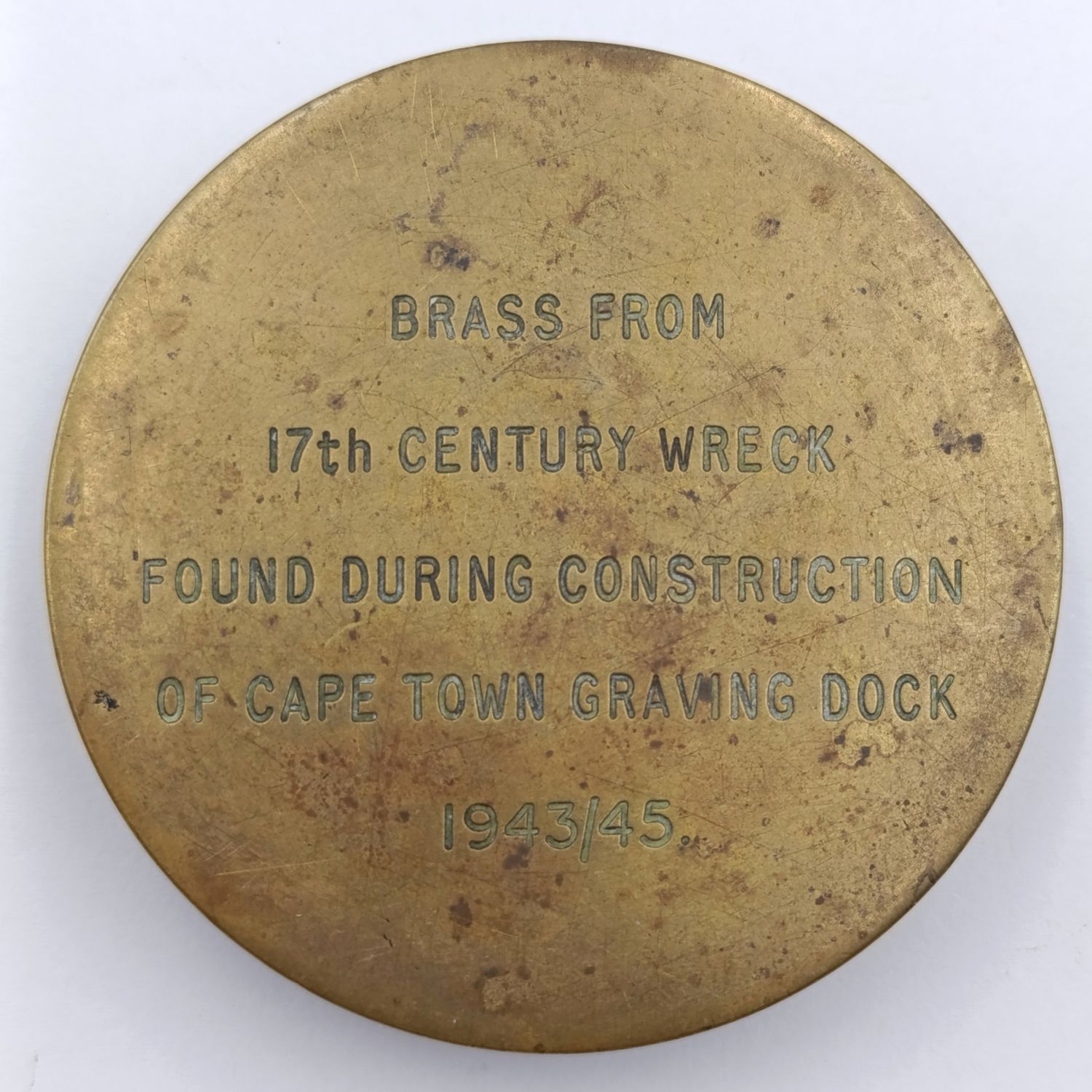 Piece of brass from 17th Century Wreck found during construction of Cape Town Graving dock 1943/45