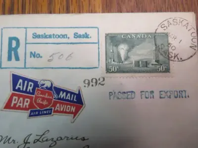 Postal Cover Saskatoon, Canada to Bulawayo, Southern Rhodesia with 50c Canada stamp cancelled