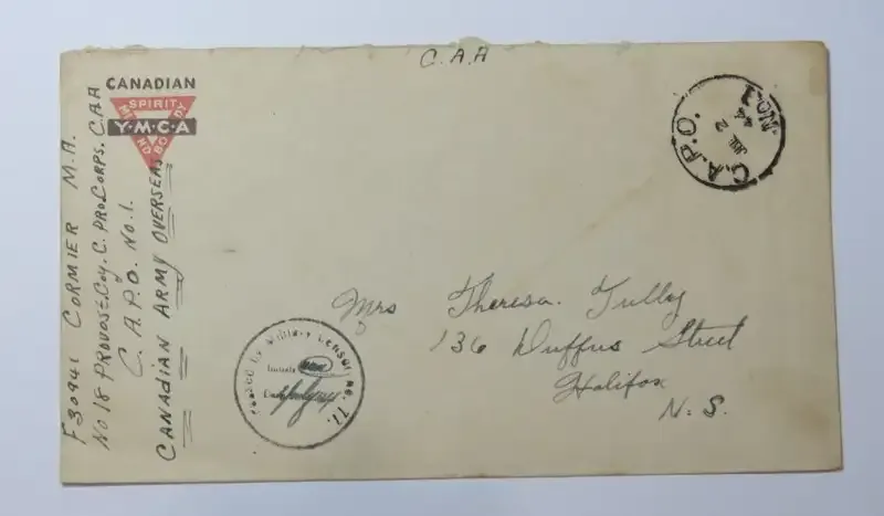 Military censored envelope on Canadian YMCA stationery posted to Halifax with CAPO dispatch cancel