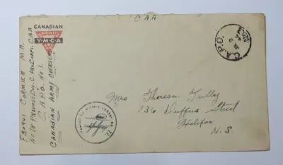 Military censored envelope on Canadian YMCA stationery posted to Halifax with CAPO dispatch cancel