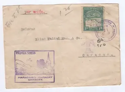 Taxed Venezuela cover - Airmail 16 April 1930 - Primer Vuelo rubber stamp
