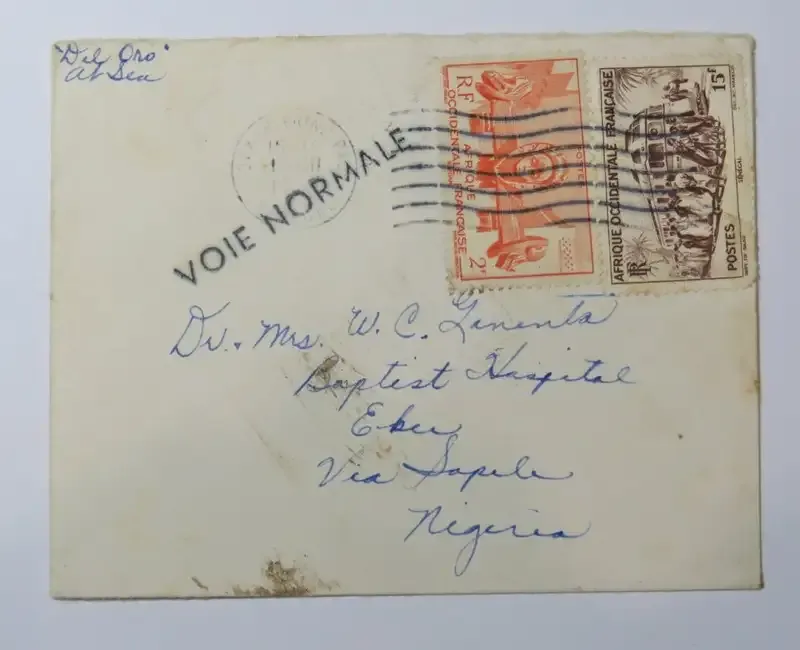 Postal cover from Senegal 1951 with 2 x French Central Africa stamps to Nigeria
