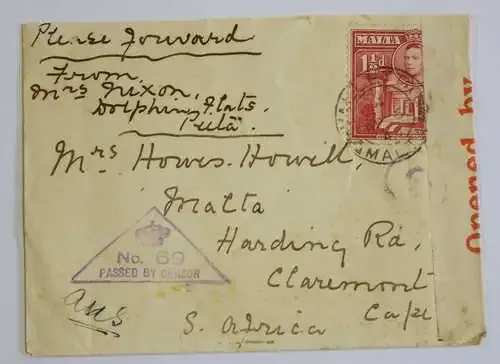 6 April 1940 Censored cover from Valletta, Malta to Claremont, South Africa