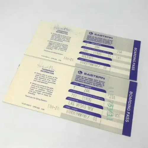 Pair of EASTERN Airways tickets with boarding passes attached - one to Las Vegas and one to Atlanta