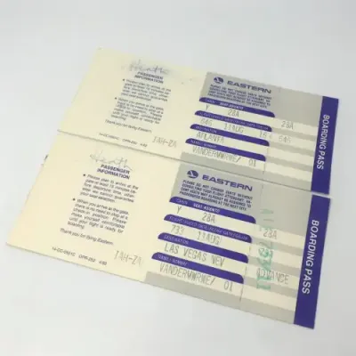 Pair of EASTERN Airways tickets with boarding passes attached - one to Las Vegas and one to Atlanta