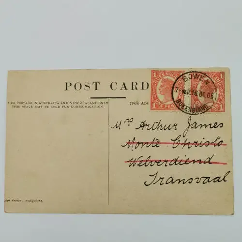 Postcard from Bowen Australia to Transvaal South Africa 16 October 1905 with two SG 232 stamps