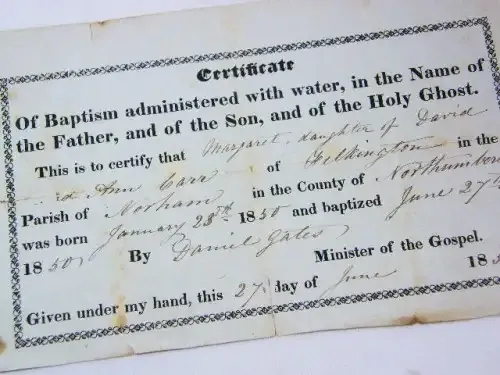 1850 Baptism certificate for Margaret Carr of Northumberland