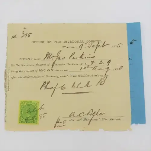 1885 Divisional Council and Municipality of Worcester Road tax receipts