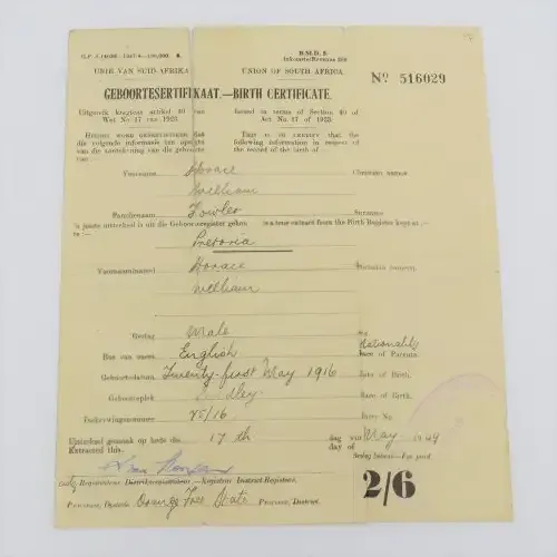 South African Birth Certificate for Horace William Fowler - 21 May 1916 - Issued on 17 May 1949