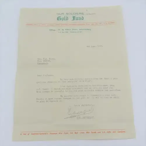 Thank you letter from the secretary of the WW2 gold fund to Mrs. FJ Roots - 1942