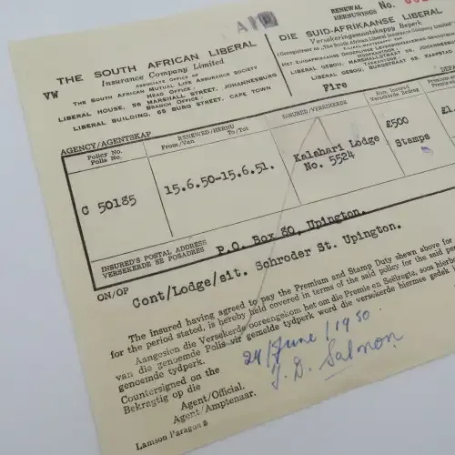 1950 Insurance Certificate for the Kalahari Lodge in Upington