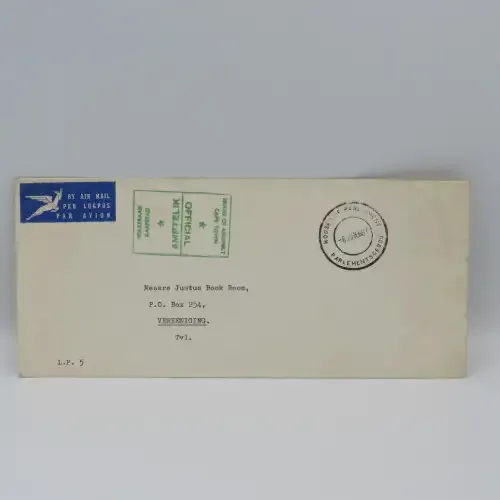 Official House of Assembly Cape Town parliament cover sent to Vereniging on 6 June 1967 by airmail