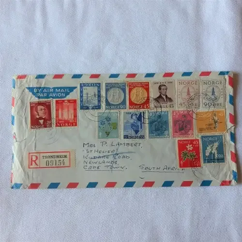 Registered airmail cover from Trondheim to Cape Town South Africa with 15 Norway stamps -9 June 1960