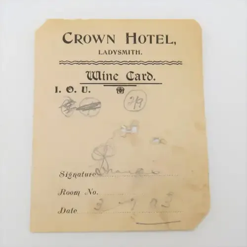 Tokens 1903 Crown Hotel wine card I.O.U for 2 shillings 9 pence