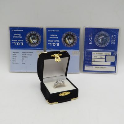 Bespoke 9kt white gold diamond ring with 1,09ct Princess cut diamond with 2 x colour D/E half moon diamonds surrounded by 26 smaller diamonds with E.G.L Certificates - Size M1/2