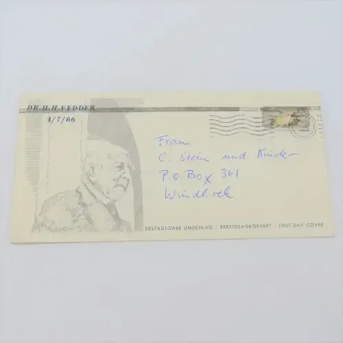 South West Africa 1966 Vedder first day cover with 1992 Namibia stamp used and cancelled Windhoek