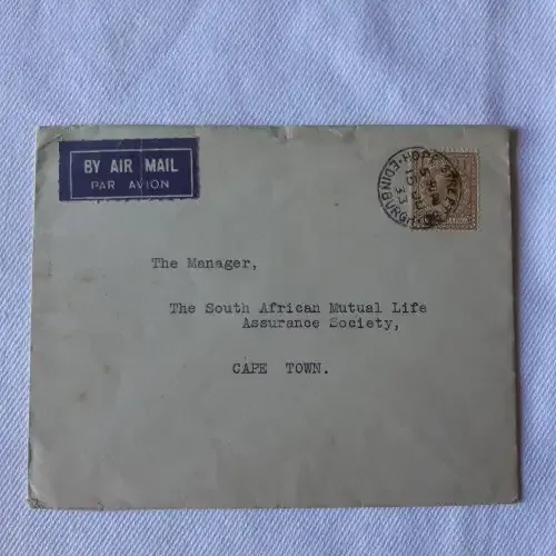 Airmail cover from Edinburgh, Scotland to Cape Town, South Africa with 1 shilling stamps