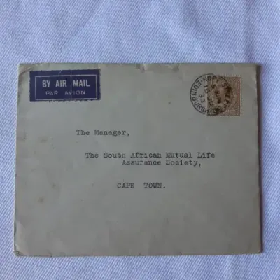 Airmail cover from Edinburgh, Scotland to Cape Town, South Africa with 1 shilling stamps