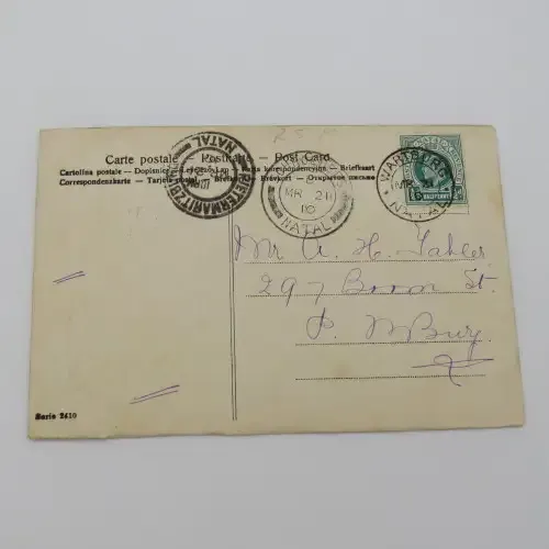 1910 Romantic postcard sent from Wartburg, Natal to Malmesbury, Cape Colony - With German Poem