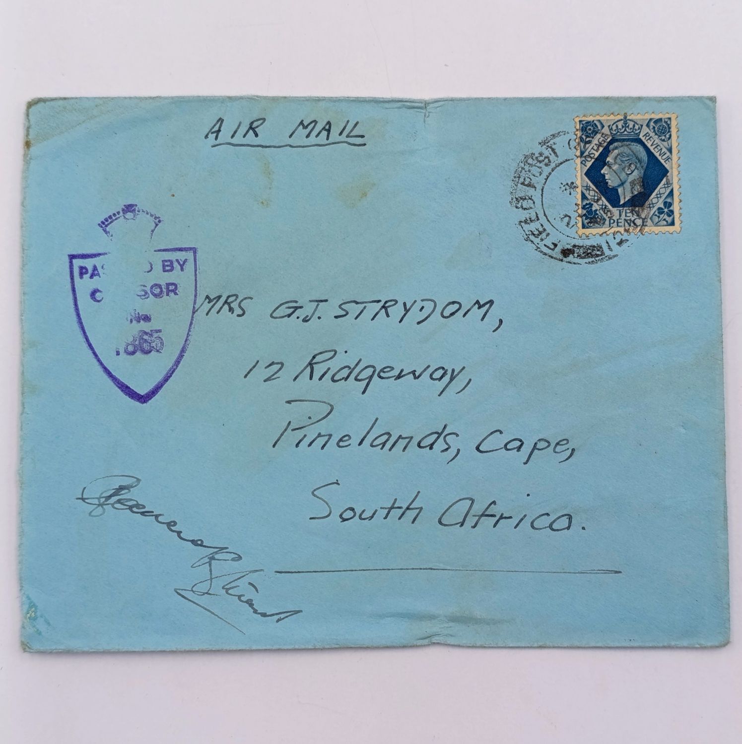 Airmail Field Post cover to Pinelands, South Africa with passed by censor 1865 mark - with British ten pence George 6 stamp
