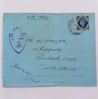 Airmail Field Post cover to Pinelands, South Africa with passed by censor 1865 mark - with British ten pence George 6 stamp