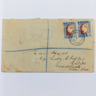 1937 Registered cover Salt River / ZoutRiver with pair of 1 shilling corornation stamps - Salt River registered mark applied Backstamped Zout Rivier Muizenberg (transit) and Noordhoek