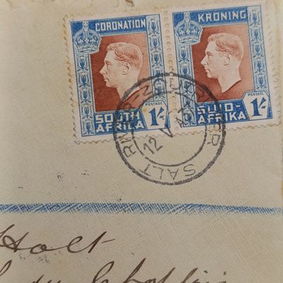 1937 Registered cover Salt River / ZoutRiver with pair of 1 shilling corornation stamps - Salt River registered mark applied Backstamped Zout Rivier Muizenberg (transit) and Noordhoek