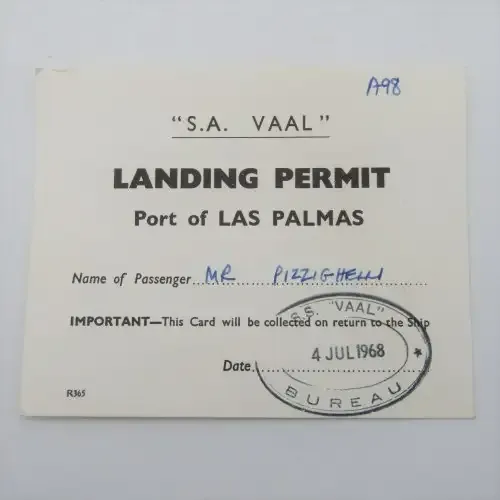 SA VAAL Landing permit for the port of LAS PACMAS - 4 July 1968