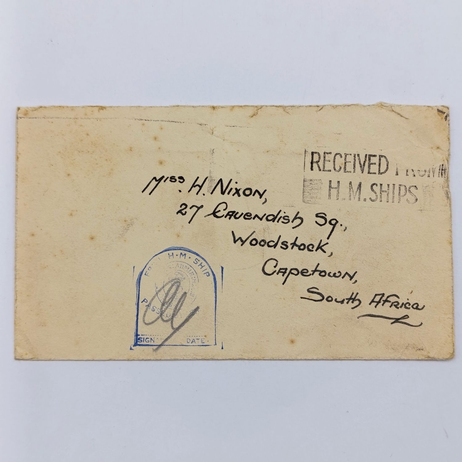 WW2 Cover Received from HM Ships to Woodstock plus South Africa with HM Ship Censor mark applied