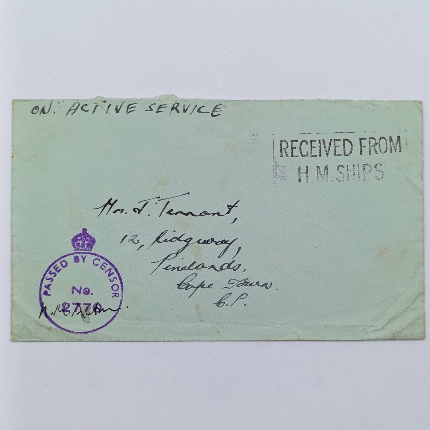 WW2 On Active Service cover - Passed by Censor no. 2770 and Received from HM Ships marks applied