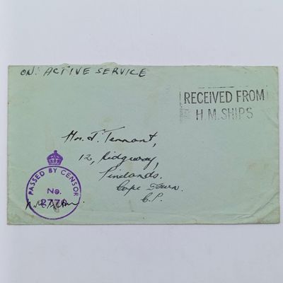 WW2 On Active Service cover - Passed by Censor no. 2770 and Received from HM Ships marks applied