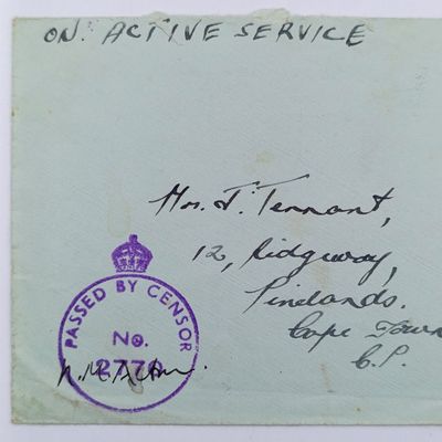 WW2 On Active Service cover - Passed by Censor no. 2770 and Received from HM Ships marks applied