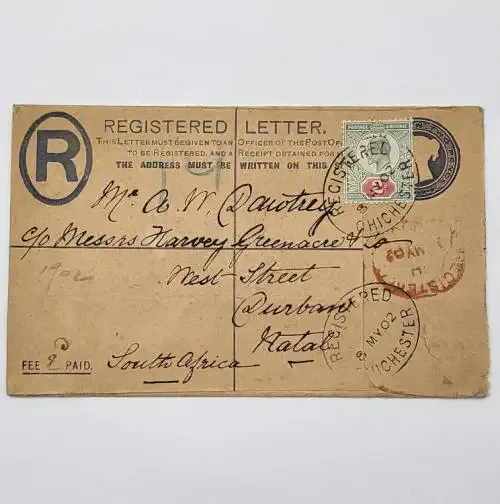Unrated registered postal cover from Chichester to Natal, South Africa with 2d stamp dated 8 May `02