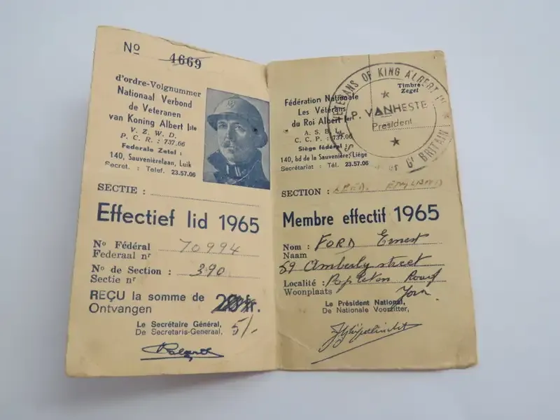 1965 Veterans of King Albert membership card