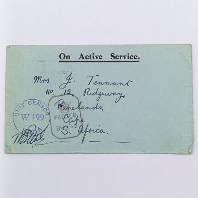 WW2 On Active Service cover to Pinelands, South Africa - with UNIT CENSOR W199 INDIA Rubber stamp plus PASSED DHC/42 mark - on back &quot;written in English&quot;