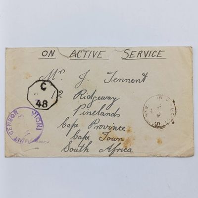Dn Active Service Cover India to Cape Town, South Africa - WW2 period with UNIT CENSOR INDIA W353 mark plus C48 mark