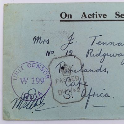 WW2 On Active Service cover to Pinelands, South Africa - with UNIT CENSOR W199 INDIA Rubber stamp plus PASSED DHC/42 mark - on back "written in English"